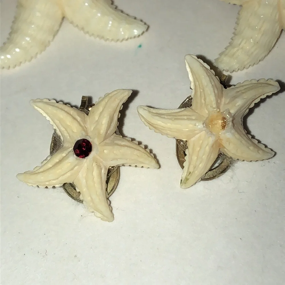 Vintage Carved Cream Starfish Earrings and Pins Set